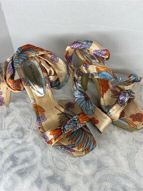 W.d collection Beige Floral Wrap-Heel Sandals